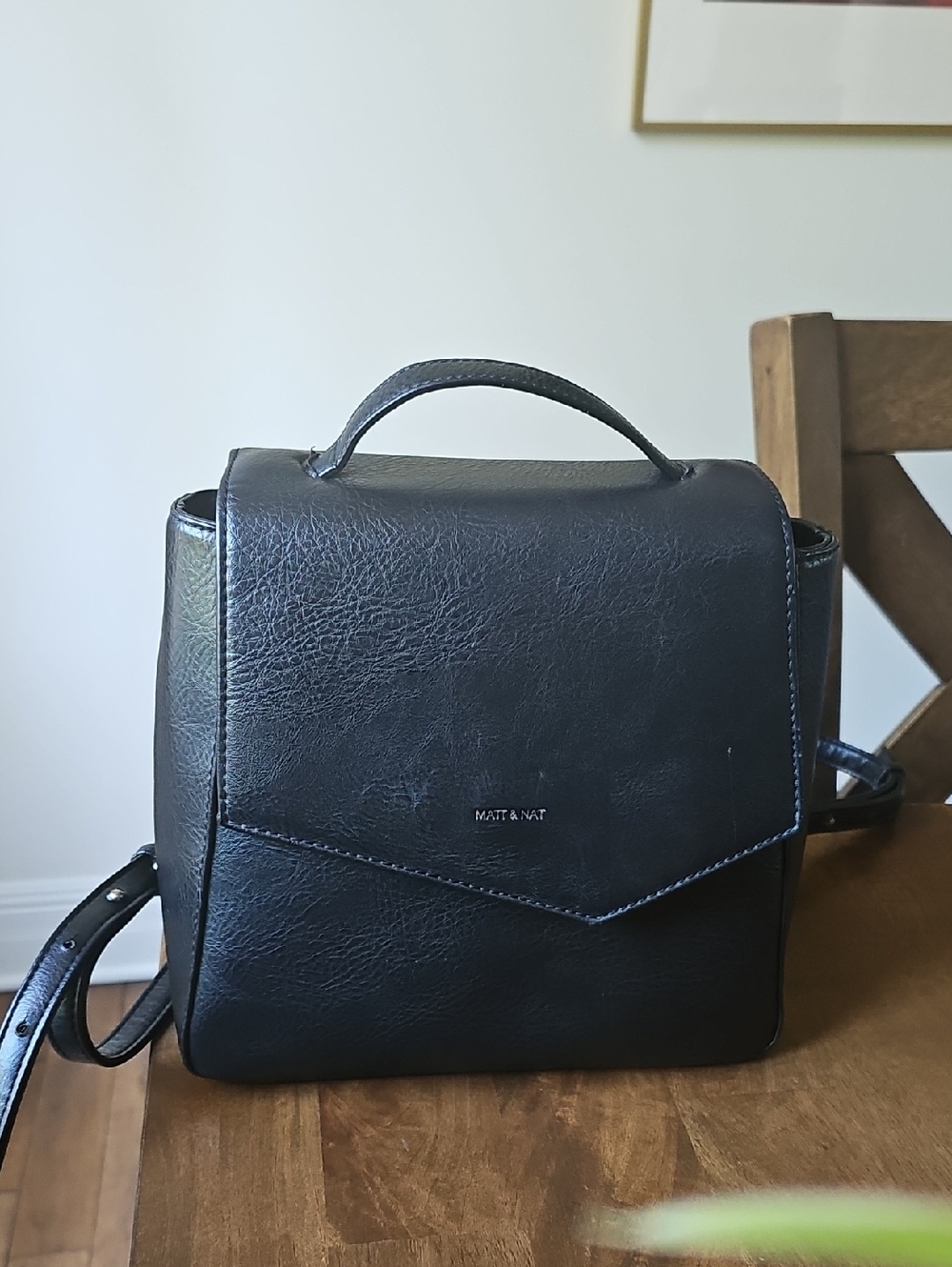 Matt & Nat Black Compact Vegan Leather Backpack with Top Handle